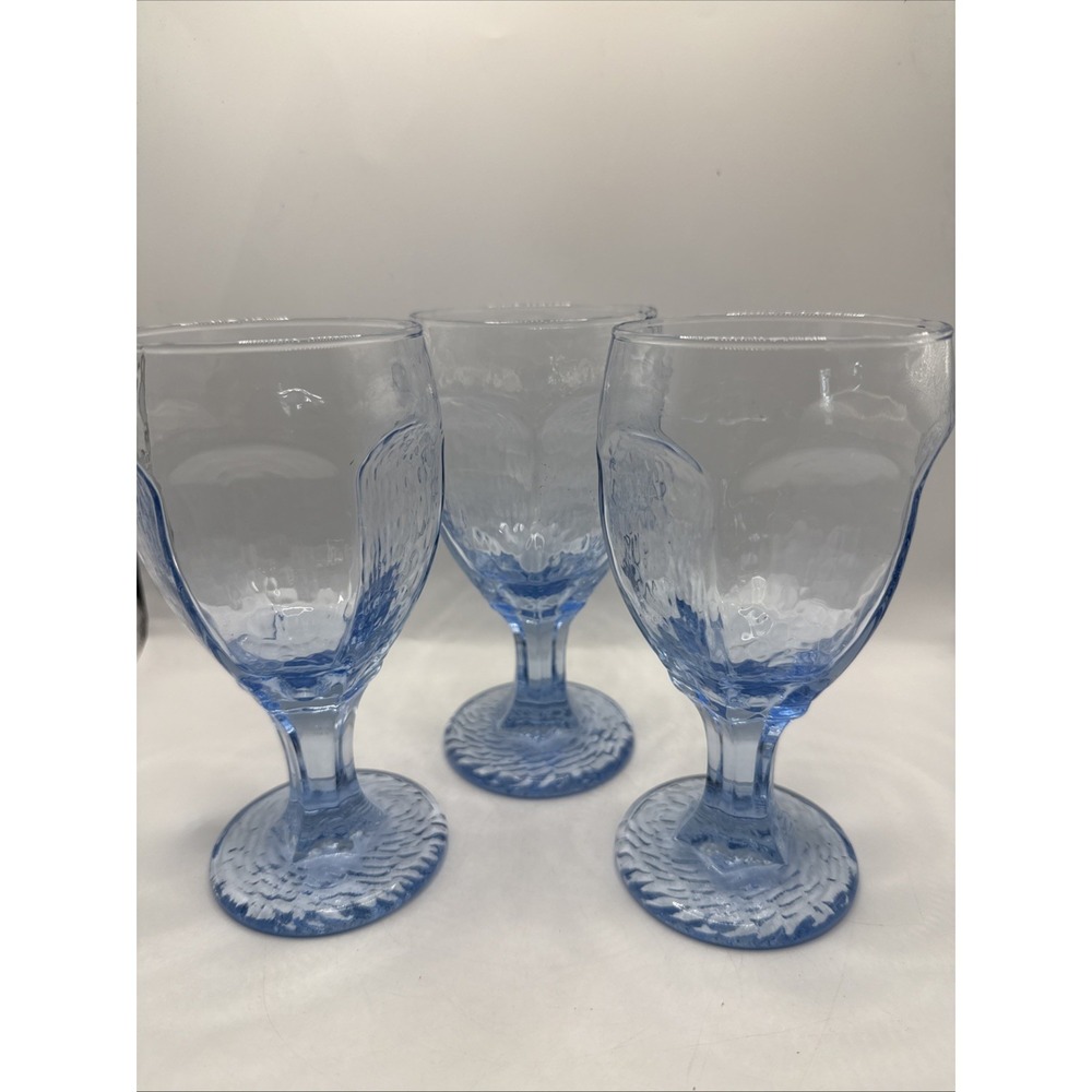 Set of 3 ~Libbey Chivalry 10 Oz Blue Water Goblets 6.5" Heavy Textured Glass